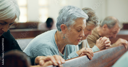 Elderly, prayer or old woman in church for God, holy spirit or religion in cathedral or Christian community. Faith, spiritual lady or senior person in chapel or sanctuary to praise Jesus Christ