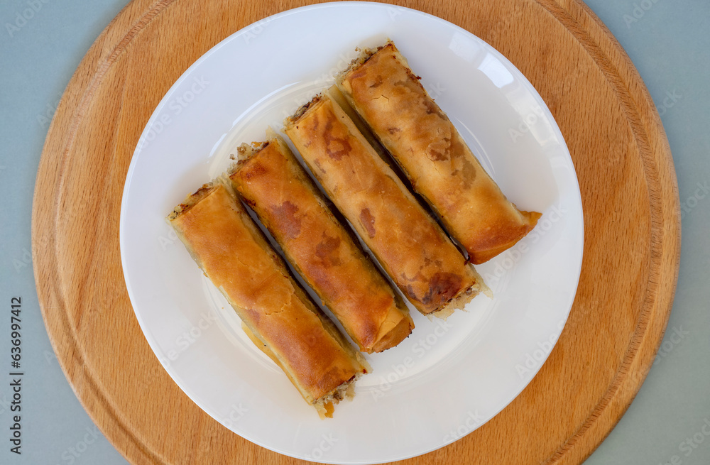 Minced meat in savoury pastry. Bourek with minced meat Minced meat in savoury pastry. Bourek with minced meat