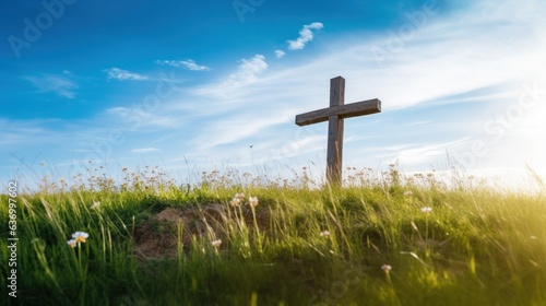 low angle vertical shot of a hand made wooden cross in a grassy field with a blue sky in background.