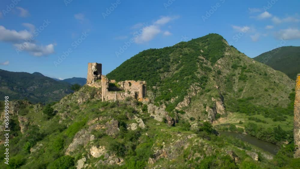 An old fortress in a mountain gorge. Drone video of architectural sights of Georgia An old fortress in a mountain gorge. Drone video of architectural sights of Georgia