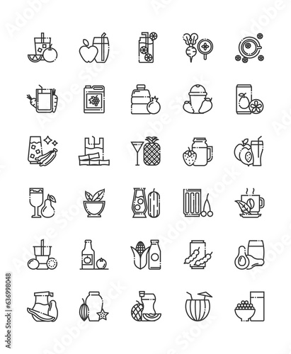 Fresh fruit juice outline icon set