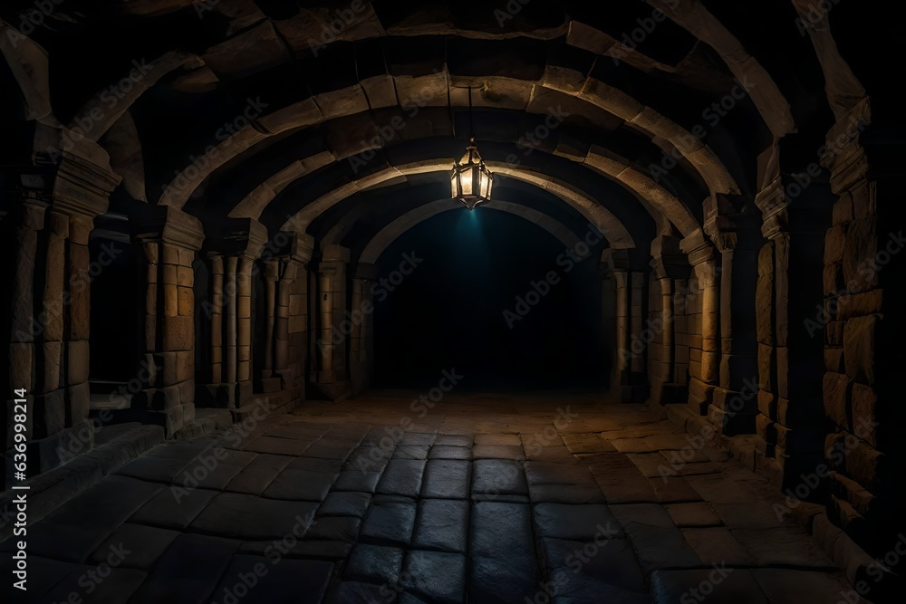 dungeon , From the Middle Ages, it is dark and underground, and it contains caves for monsters, and it is illuminated by a dim light - AI Generative