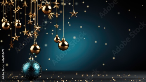 Christmas background decoration baubles balls hanging. Decorative beautiful Ball. Xmas Ornament Balls. Festive New Year template for postcard and banner design. generative ai