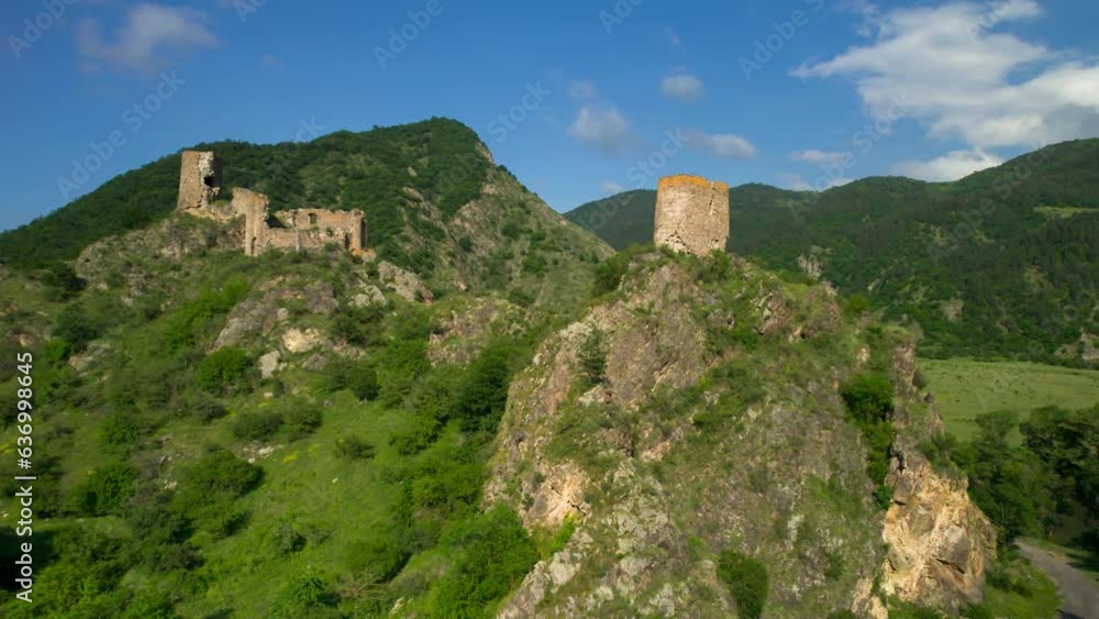 An old fortress in a mountain gorge. Drone video of architectural sights of Georgia An old fortress in a mountain gorge. Drone video of architectural sights of Georgia