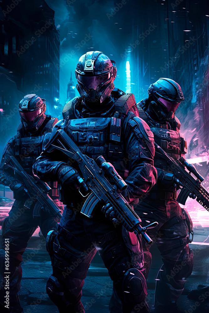 Futuristic soldiers in black helmets with weapons in their hands. Generative AI Futuristic soldiers in black helmets with weapons in their hands. Generative AI