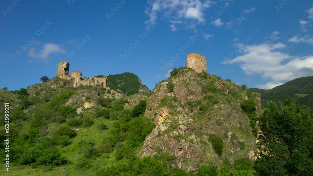 An old fortress in a mountain gorge. Drone video of architectural sights of Georgia