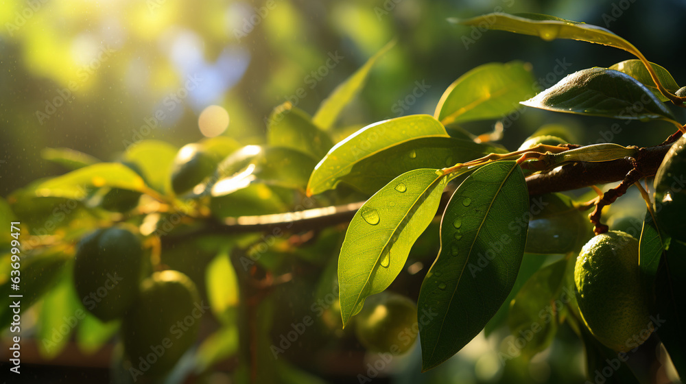 A meditative shot of an avocado tree swaying gently in the breeze, with sunlight filtering through its leaves A meditative shot of an avocado tree swaying gently in the breeze, with sunlight filtering through its leaves
