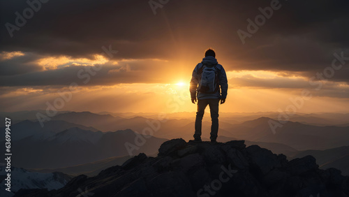 Sunset Summit Glory: Hiker on Mountain Peak with Backpack. Ai generative