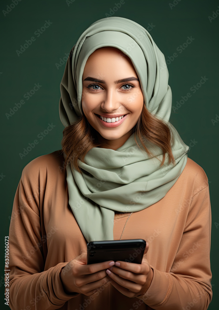 A Portrait of a Business Woman Wearing a Hijab Holding a Mobile Phone-Green Background A Portrait of a Business Woman Wearing a Hijab Holding a Mobile Phone-Green Background