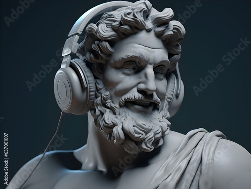 Ancient greek male sculpture wearing headphones, modern art, wallpaper. Ai generated photo