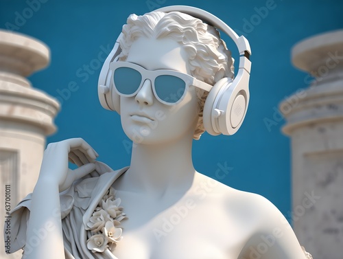 Fototapeta Ancient female greek sculpture wearing headphones and sunglasses, modern art, wallpaper. Ai generated 