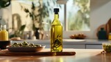 Bottle of olive oil and olives on wooden table in kitchen
