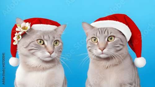 Cute gray cat with red Christmas hat on blue color background.