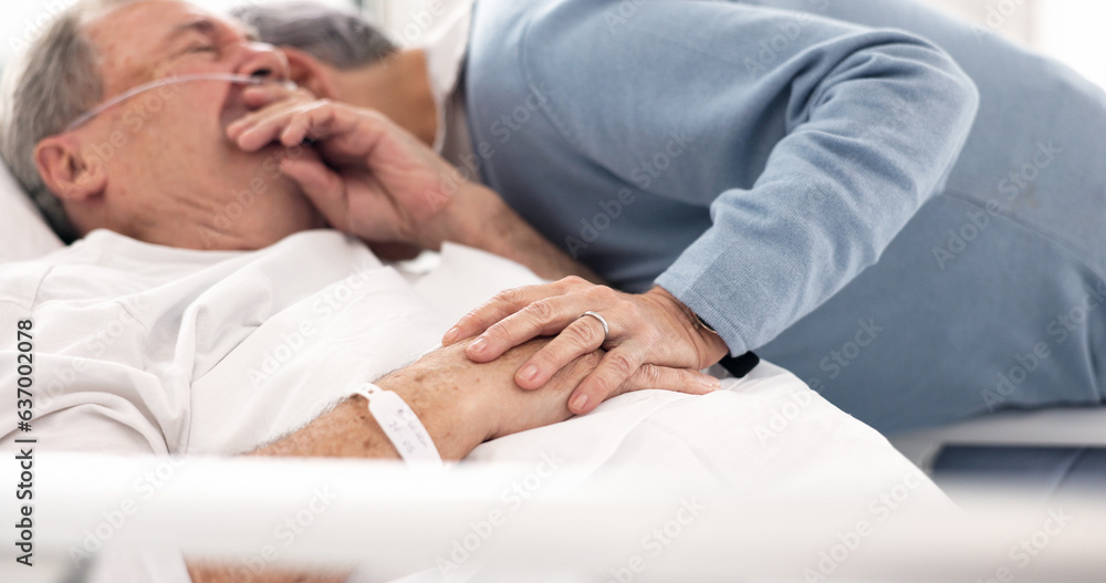 Hospital, sad or elderly couple, sick patient and hug for empathy, marriage bond and support for senior person. Healthcare crisis, whisper and man cough from medical problem, cancer or disease in bed Hospital, sad or elderly couple, sick patient and hug for empathy, marriage bond and support for senior person. Healthcare crisis, whisper and man cough from medical problem, cancer or disease in bed