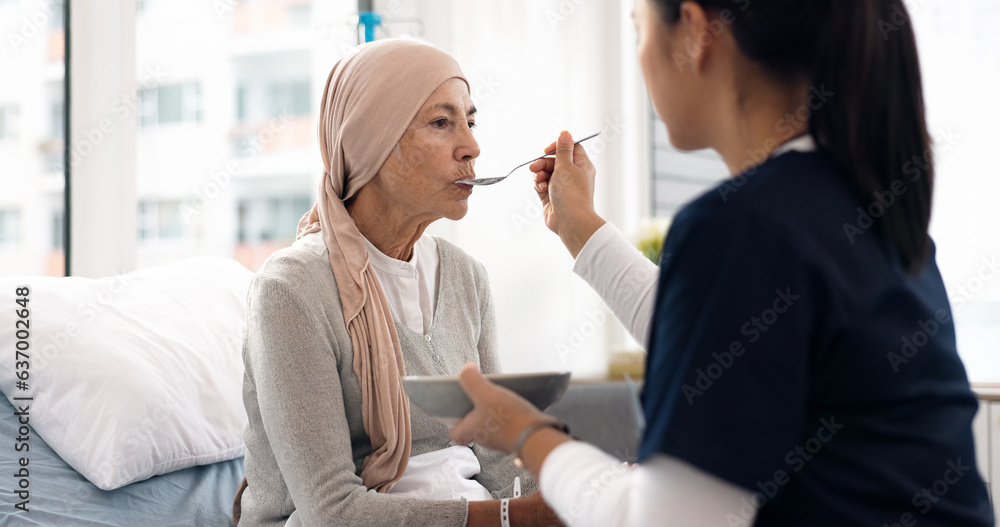Cancer, nurse and food with old woman in hospital for help, medical and support. Healthcare, medicine and rehabilitation with senior patient and caregiver in clinic for nursing, empathy and oncology Cancer, nurse and food with old woman in hospital for help, medical and support. Healthcare, medicine and rehabilitation with senior patient and caregiver in clinic for nursing, empathy and oncology