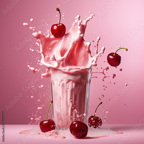 Cherry milkshake in a glass glass with sprinkles and berries on a pink background
