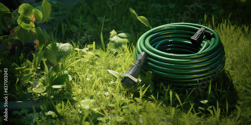 A green water hose connected to a meter lying on grass. Horizontal irrigation banner for garden and lawn areas. photo
