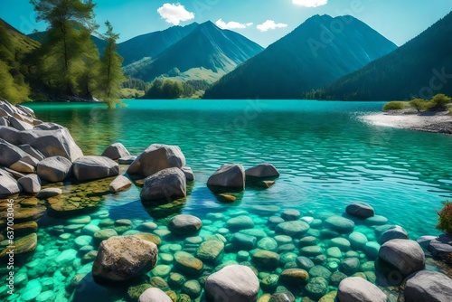 The breathtaking shot of beautiful stones under the turquoise water of a lake and hills in the background takes your breath away - AI Generative
