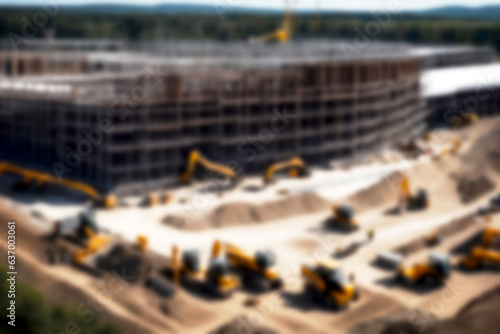 Abstract blurred background illustration. Construction of large shopping mall apartment business commercial office buildings. Labor and Machinery in Real Estate Building Skyscrapers.