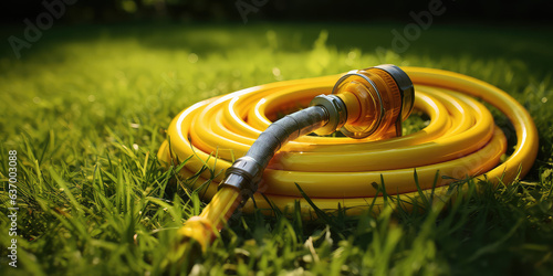 Yellow water hose connected to a meter lying on grass. Horizontal irrigation banner for garden and lawn areas. photo