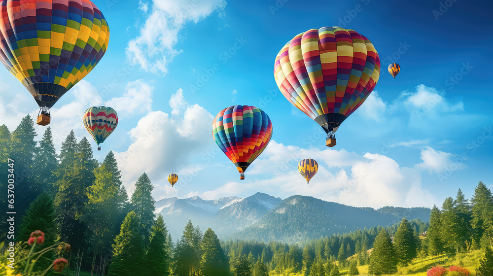 Fototapeta premium Festival of hot air balloons in flight. Beautiful hot air balloons of different colors floating in the blue sky, wallpaper. 