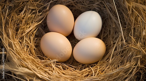 Chicken eggs lying in a haystack.
