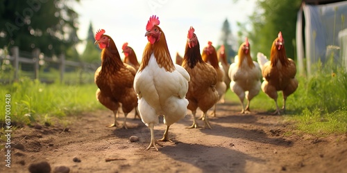 Obraz na płótnie Chickens walk around the farm.