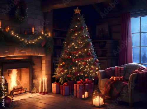 Christmas eve in a cosy rustic home, decorated living room with christmas tree, gifts, chimney, fire place, garlands New year greeting card, postcard.