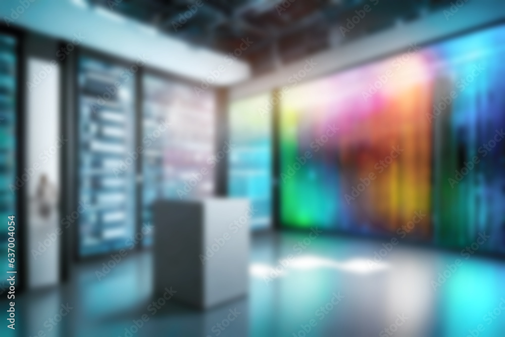 Abstract blurred background illustration. Defocused interior data center and mainframe technology space background. Network traffic system and status of device in server room.