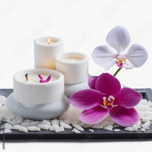 Elegant Home Decor  White Orchid  Candle  Stones on Transparent Background. Wellness Concept.