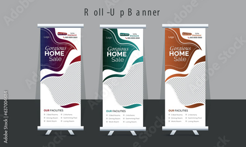 Real estate house or Modern Home For Sale Roll up Banner Stand template for Real Estate Agency pull up, standee, x banner, display cover poster design template for advertising and business promotion, 