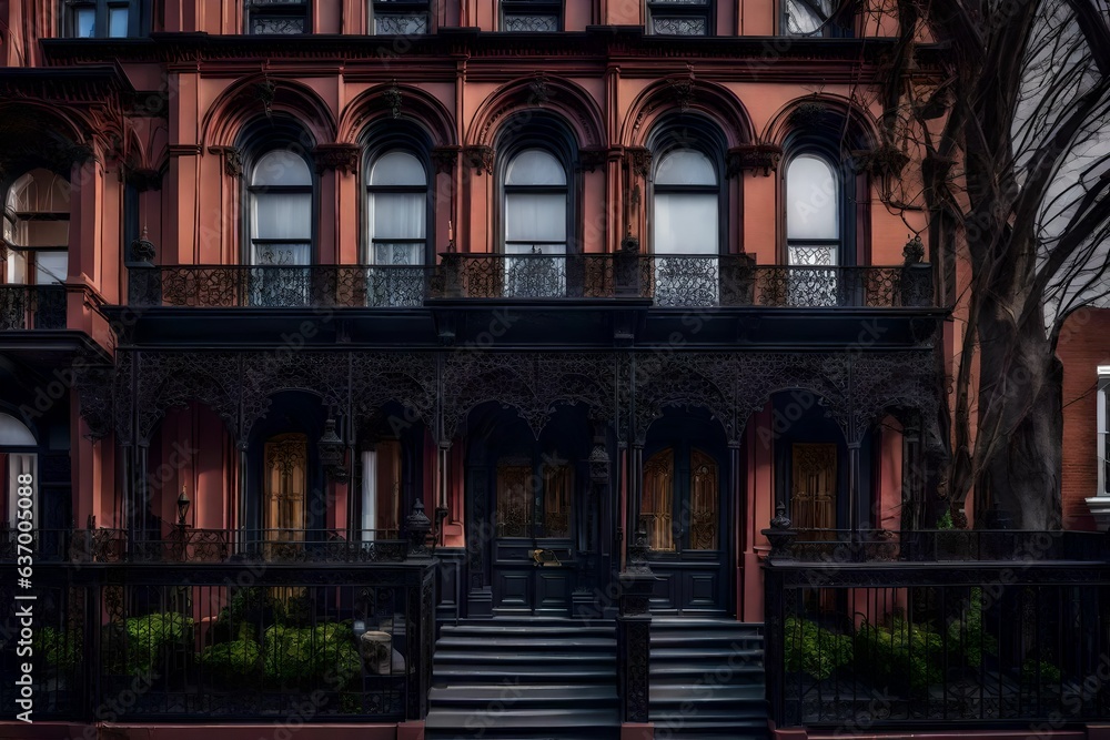 Victorian-era townhouse with intricate wrought iron details - AI Generative