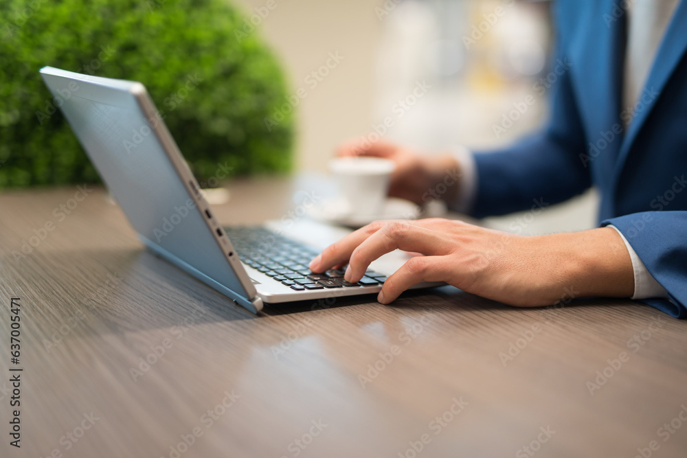 Businessman using a netbook in a cafe Businessman using a netbook in a cafe