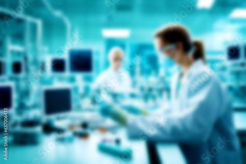 Abstract illustration background. Blurred modern laboratory for pharmacy scientific research. workplace or work space of table work in office with computer.
