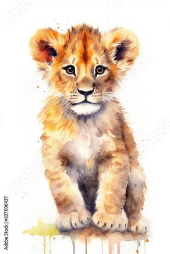 Baby lion  watercolor. Cub.