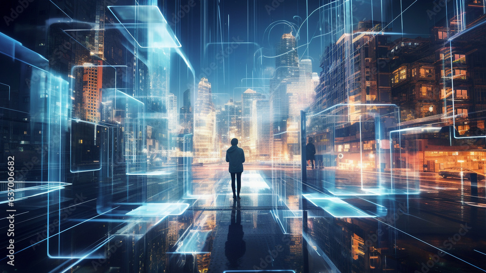 A dynamic hologram shifts through a myriad of digital landscapes – from a bustling digital city to swirling data streams. Generative AI A dynamic hologram shifts through a myriad of digital landscapes – from a bustling digital city to swirling data streams. Generative AI