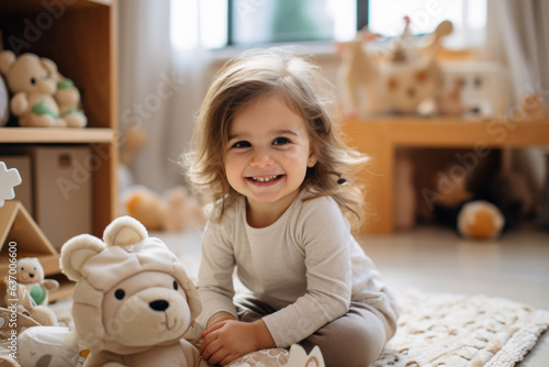 Photographie Full-body shot of a happy 3-year-old girl playing on the carpet in the living room with toys around