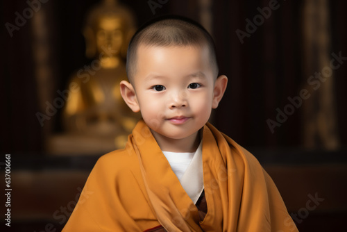 Baby asian buddha portrait at buddhist temple wearing traditional clothing