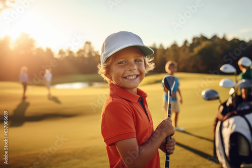 Happy caucasian boy at golfing training lesson looking at camera on golf course
