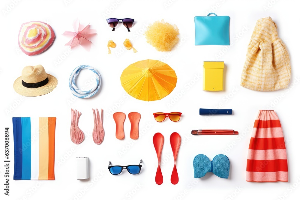Collage of beach accessories on white background Collage of beach accessories on white background
