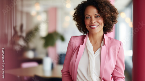 Foto Business woman wearing pink blazer with office background