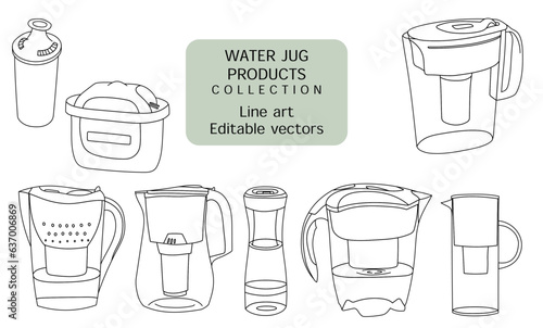 Water filter jug illustration line drawing Brita jug and water filter editable vector collection