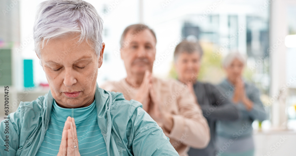 Old people in yoga class, exercise and meditation with breathing, wellness and retirement. Health, fitness and healing with group workout, holistic with zen and peace, mindfulness and vitality Old people in yoga class, exercise and meditation with breathing, wellness and retirement. Health, fitness and healing with group workout, holistic with zen and peace, mindfulness and vitality