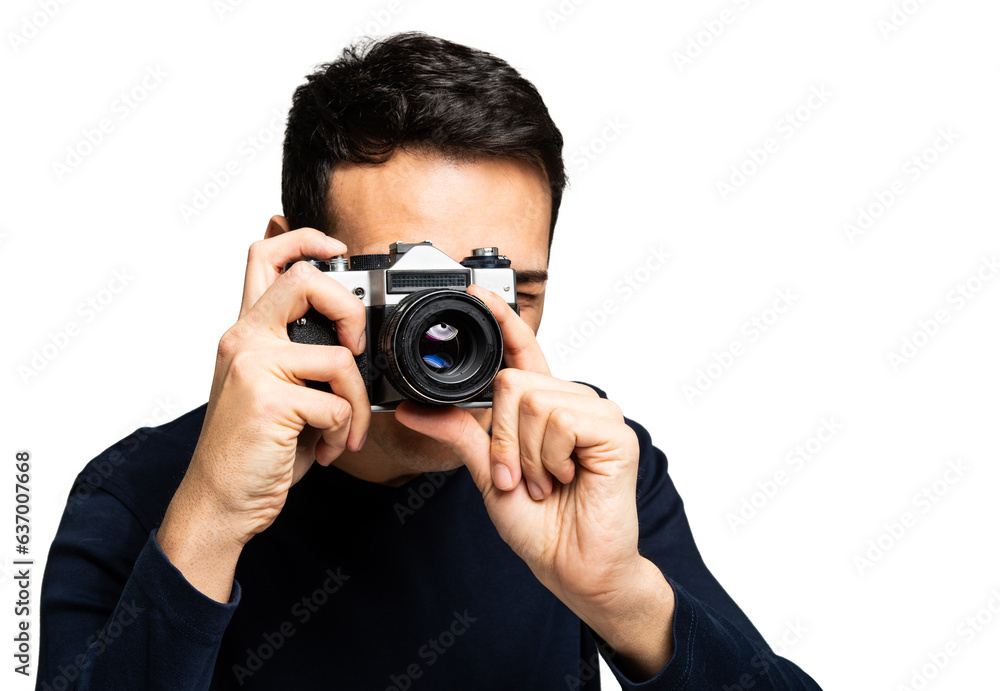 Young photographer with camera, isolated on white Young photographer with camera, isolated on white