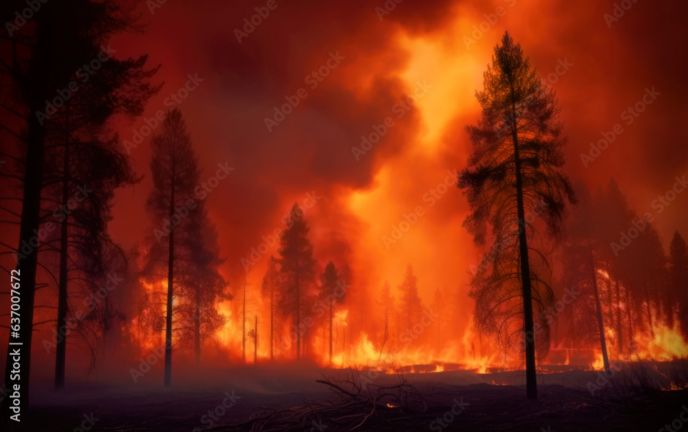 Destructive wildfire blazing across the night forest, highlighting tree silhouettes