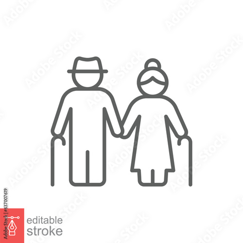Elderly couple icon. Simple outline style. Grandparents holding hands, old, elder, senior, people concept. Thin line symbol. Vector illustration isolated on white background. Editable stroke EPS 10.