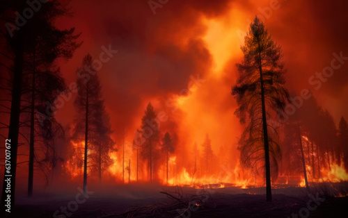 Destructive wildfire blazing across the night forest, highlighting tree silhouettes © ChaoticDesignStudio