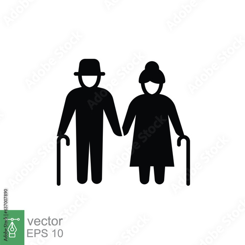 Elderly couple icon. Simple solid style. Grandparents holding hands, old, elder, senior, people concept. Black silhouette, glyph symbol. Vector illustration isolated on white background. EPS 10.