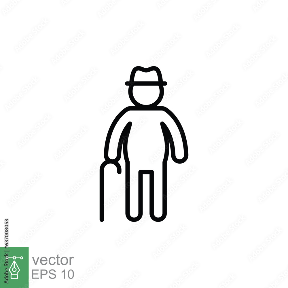 Old man icon. Simple outline style. Person with cane, stick, elder age, grandfather, senior people concept. Thin line symbol. Vector illustration isolated on white background. EPS 10. Old man icon. Simple outline style. Person with cane, stick, elder age, grandfather, senior people concept. Thin line symbol. Vector illustration isolated on white background. EPS 10.