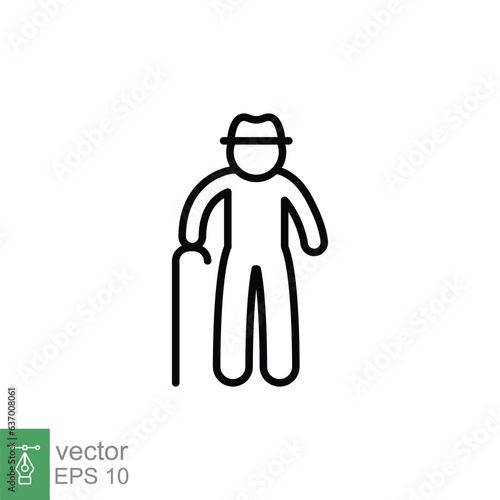 Old man icon. Simple outline style. Person with cane, stick, elder age, grandfather, senior people concept. Thin line symbol. Vector illustration isolated on white background. EPS 10.